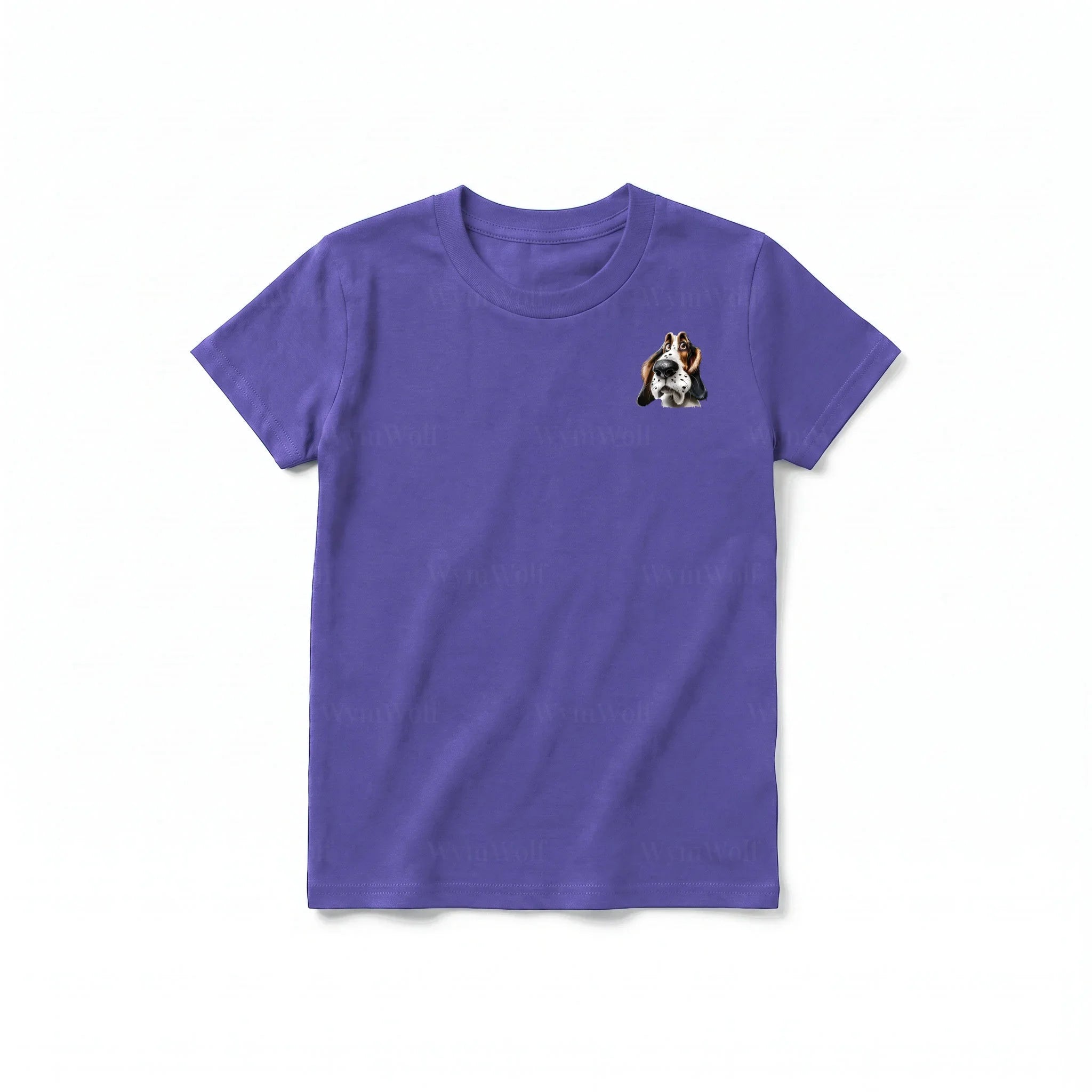 A purple short-sleeve crewneck t-shirt for youth featuring a graphic of a dog on the left chest.