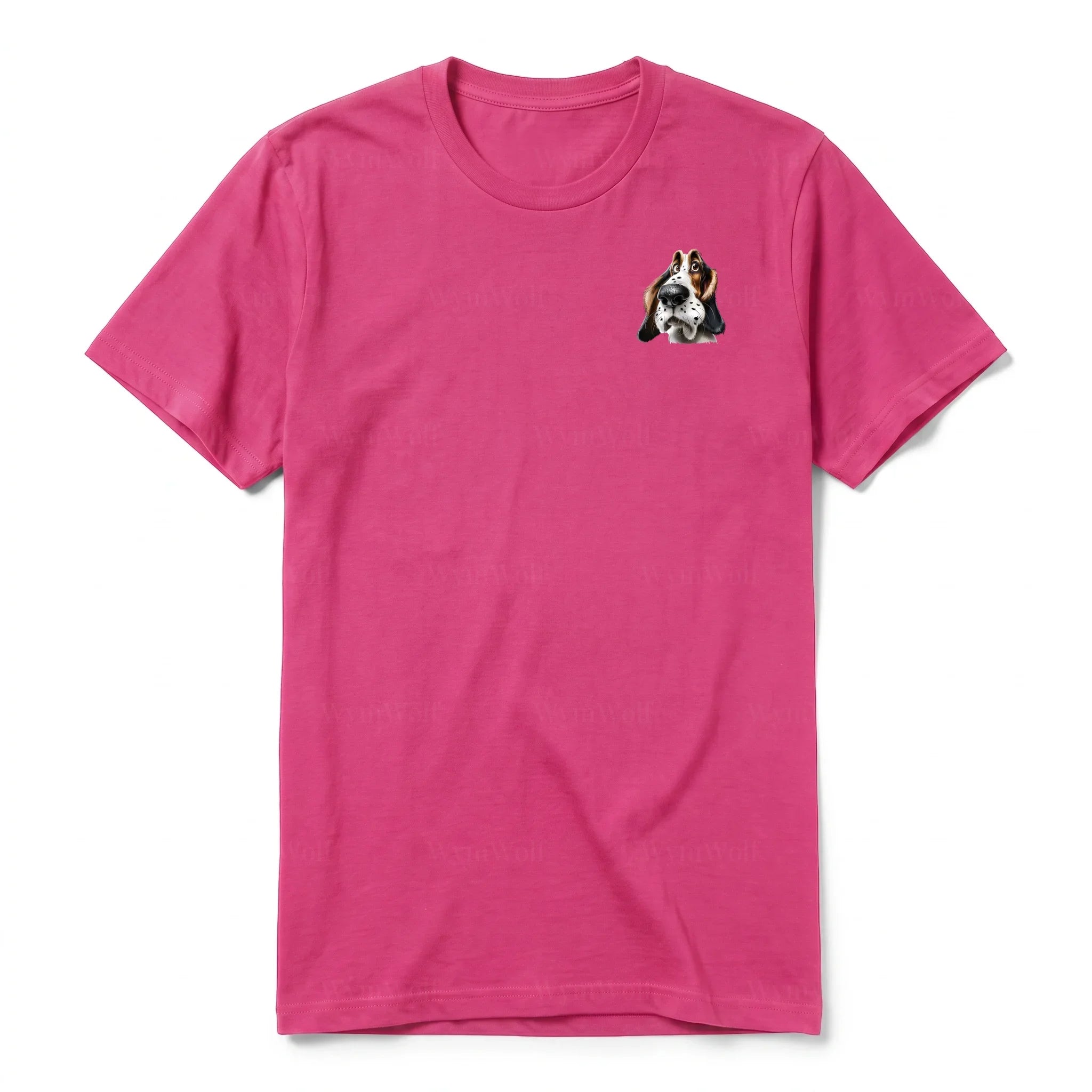 A raspberry short-sleeve crewneck t-shirt for adult featuring a graphic of a dog on the left chest.