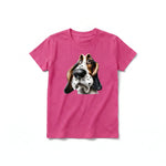 A raspberry short-sleeve crewneck t-shirt for youth featuring a graphic of a dog on the front.