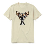 A latte short-sleeve crewneck t-shirt for adult featuring a graphic of a dog on the front.