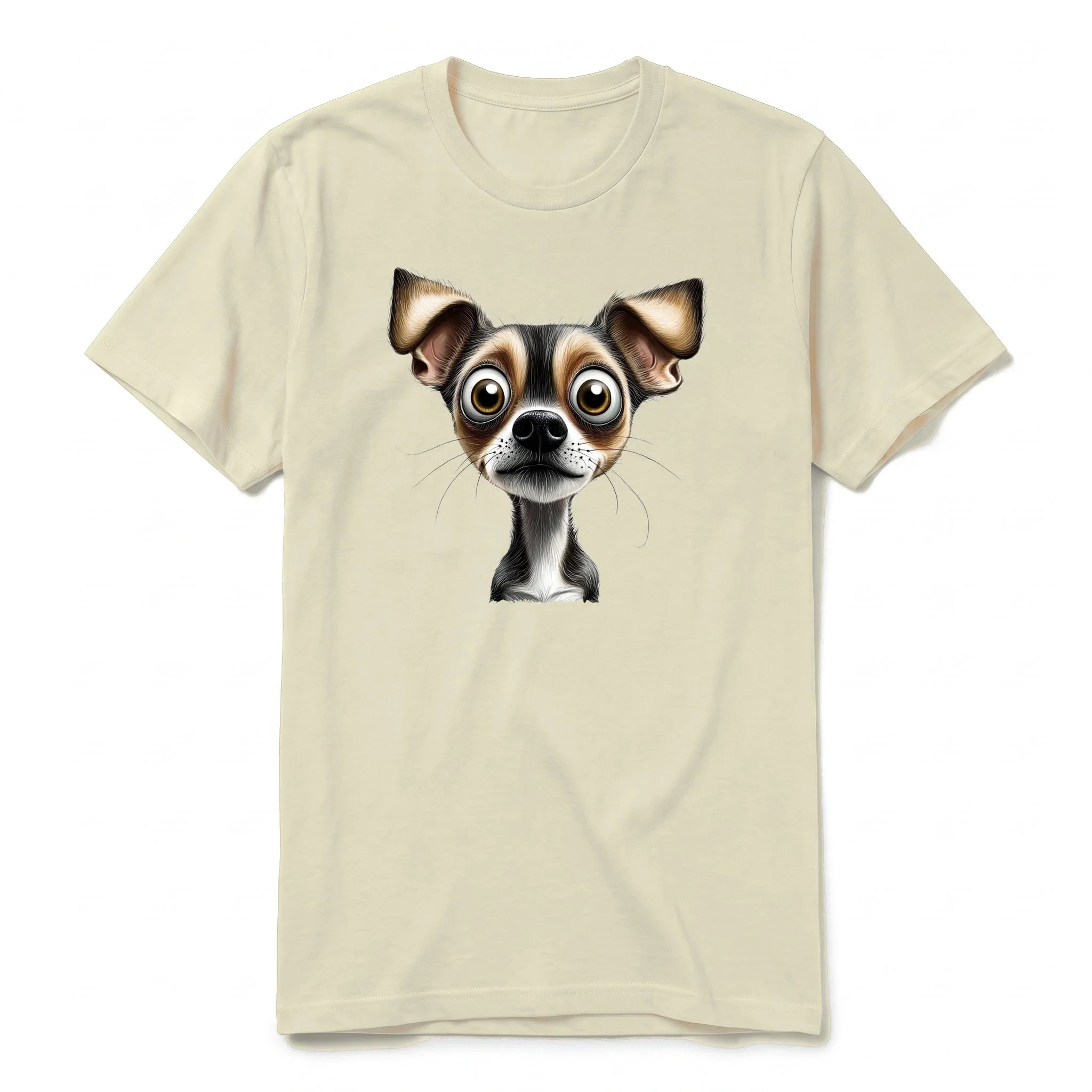 A latte short-sleeve crewneck t-shirt for adult featuring a graphic of a dog on the front.