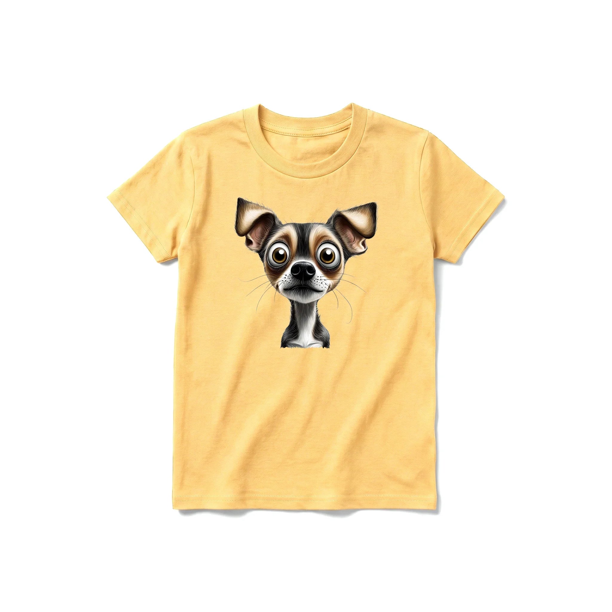 A mustard short-sleeve crewneck t-shirt for youth featuring a graphic of a dog on the front.