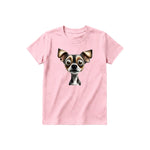 A pink short-sleeve crewneck t-shirt for youth featuring a graphic of a dog on the front.