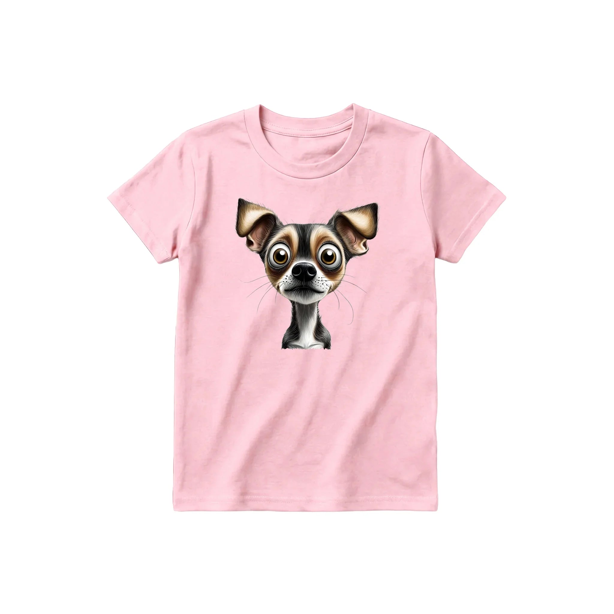 A pink short-sleeve crewneck t-shirt for youth featuring a graphic of a dog on the front.