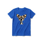 A royal short-sleeve crewneck t-shirt for youth featuring a graphic of a dog on the front.
