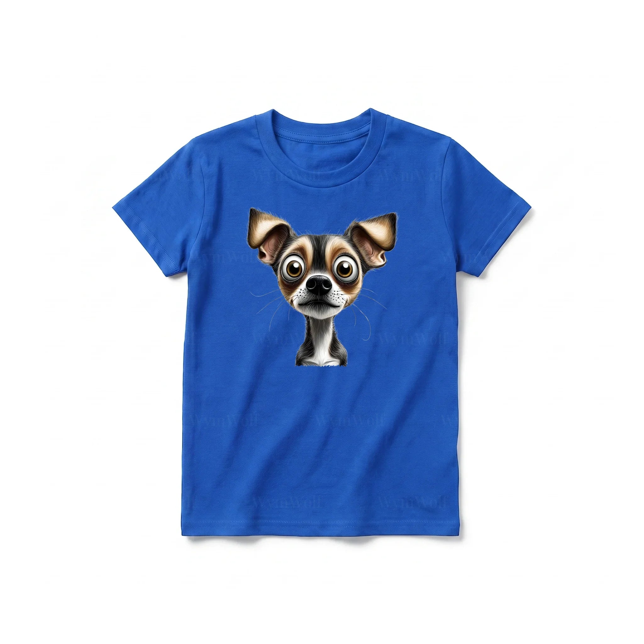 A royal short-sleeve crewneck t-shirt for youth featuring a graphic of a dog on the front.