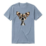 A steel-blue short-sleeve crewneck t-shirt for adult featuring a graphic of a dog on the front.