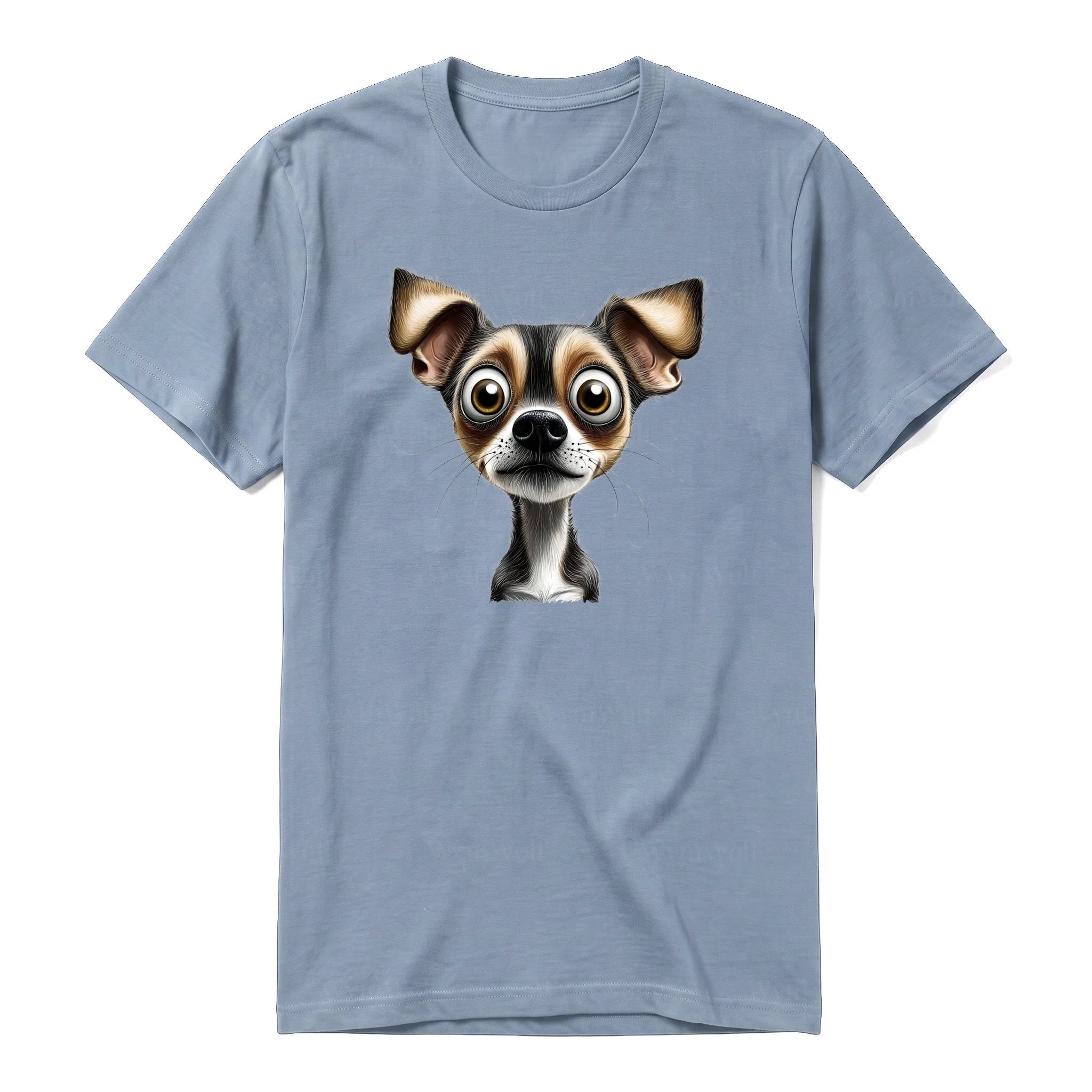A steel-blue short-sleeve crewneck t-shirt for adult featuring a graphic of a dog on the front.