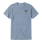 A steel-blue short-sleeve crewneck t-shirt for adult featuring a graphic of a dog on the left chest.