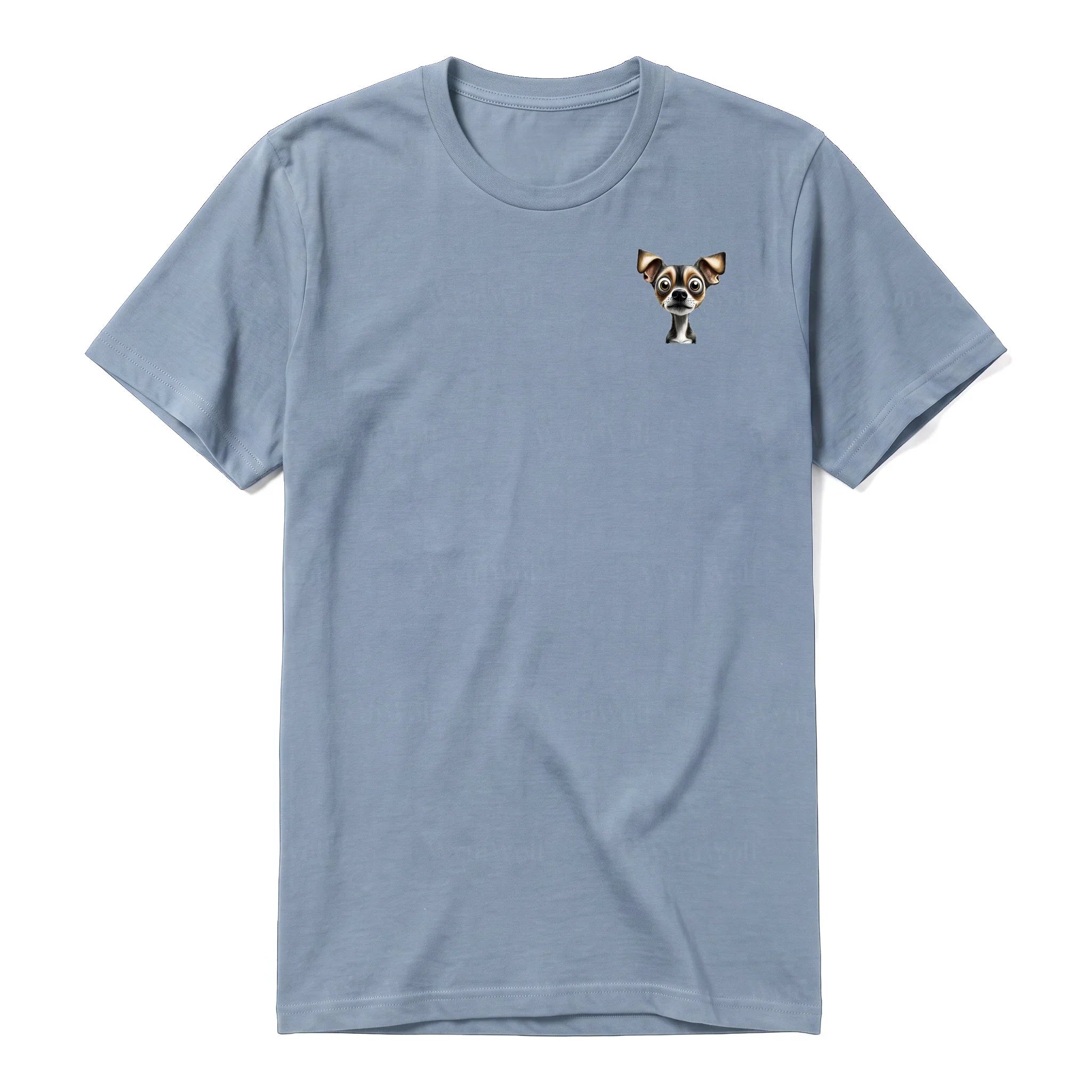 A steel-blue short-sleeve crewneck t-shirt for adult featuring a graphic of a dog on the left chest.