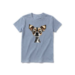 A steel-blue short-sleeve crewneck t-shirt for youth featuring a graphic of a dog on the front.