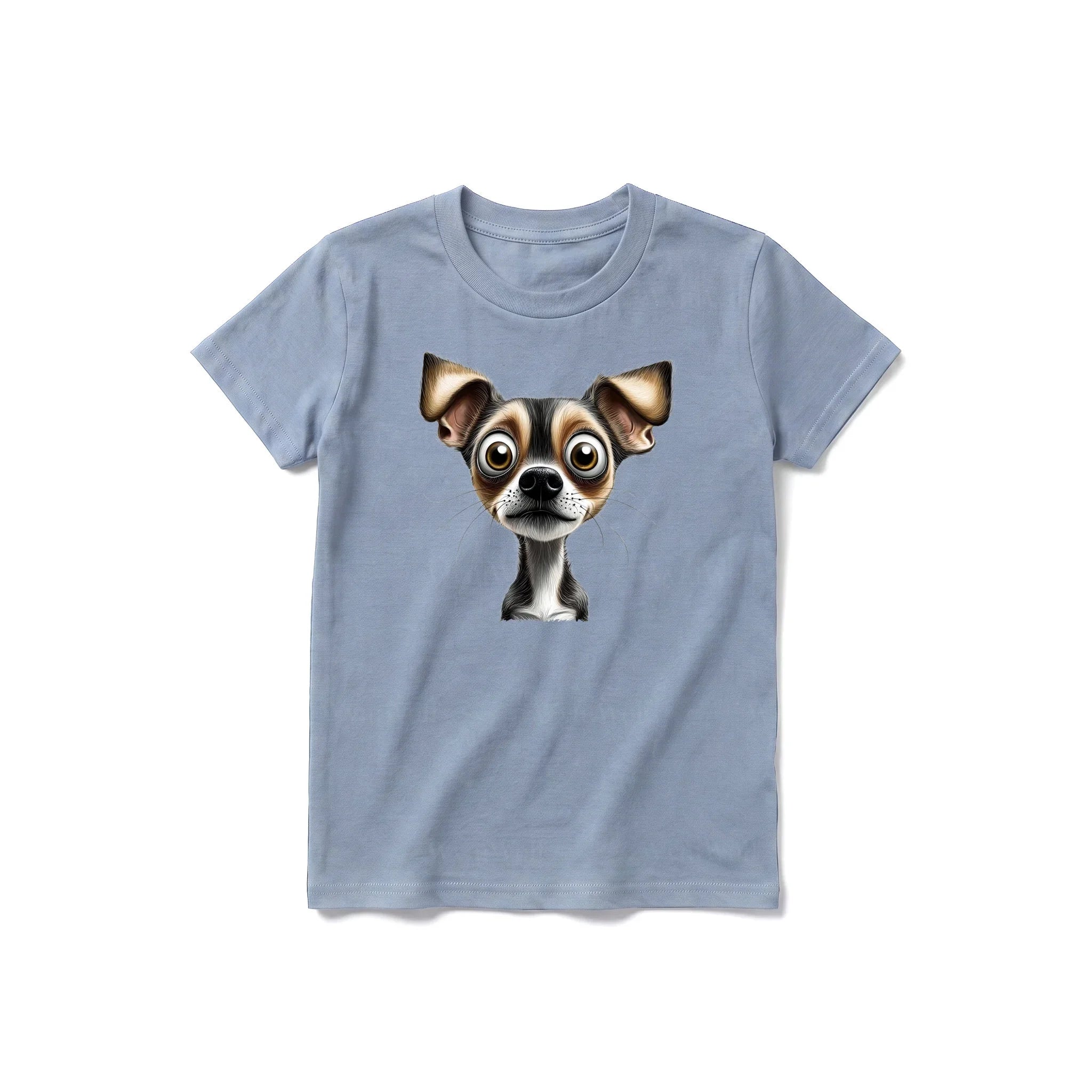 A steel-blue short-sleeve crewneck t-shirt for youth featuring a graphic of a dog on the front.