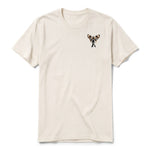A vintage-white short-sleeve crewneck t-shirt for adult featuring a graphic of a dog on the left chest.