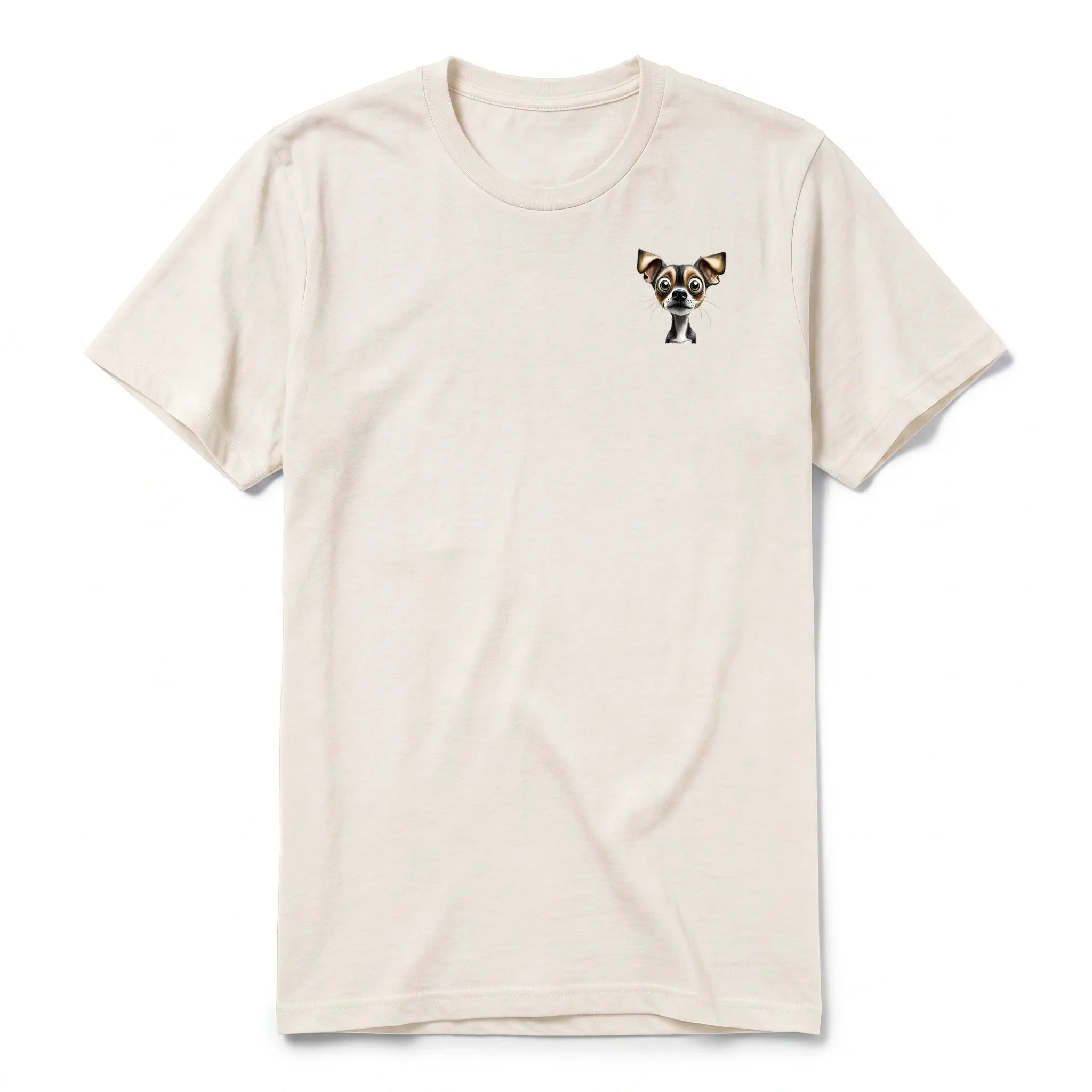 A vintage-white short-sleeve crewneck t-shirt for adult featuring a graphic of a dog on the left chest.