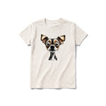 A vintage-white short-sleeve crewneck t-shirt for youth featuring a graphic of a dog on the front.