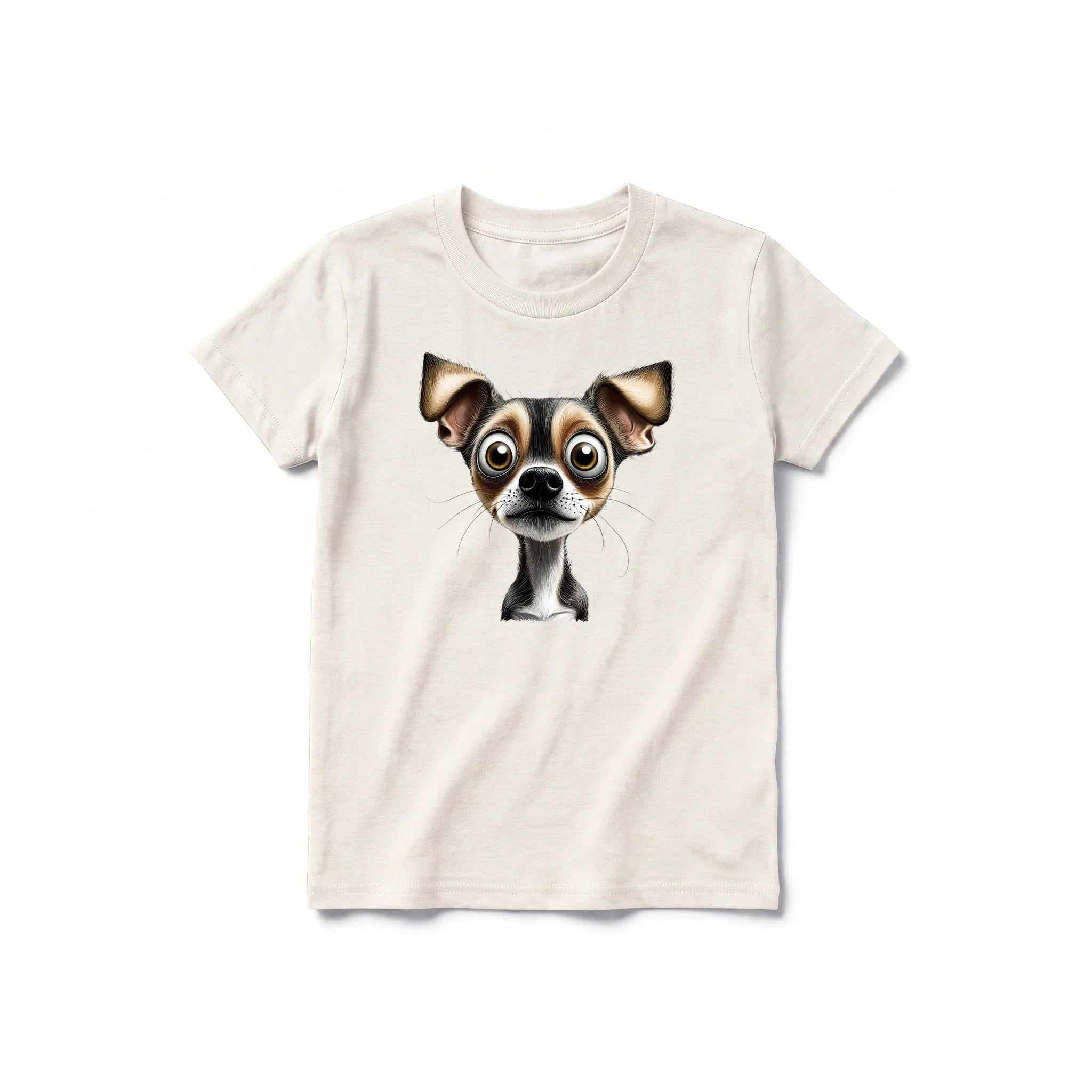 A vintage-white short-sleeve crewneck t-shirt for youth featuring a graphic of a dog on the front.