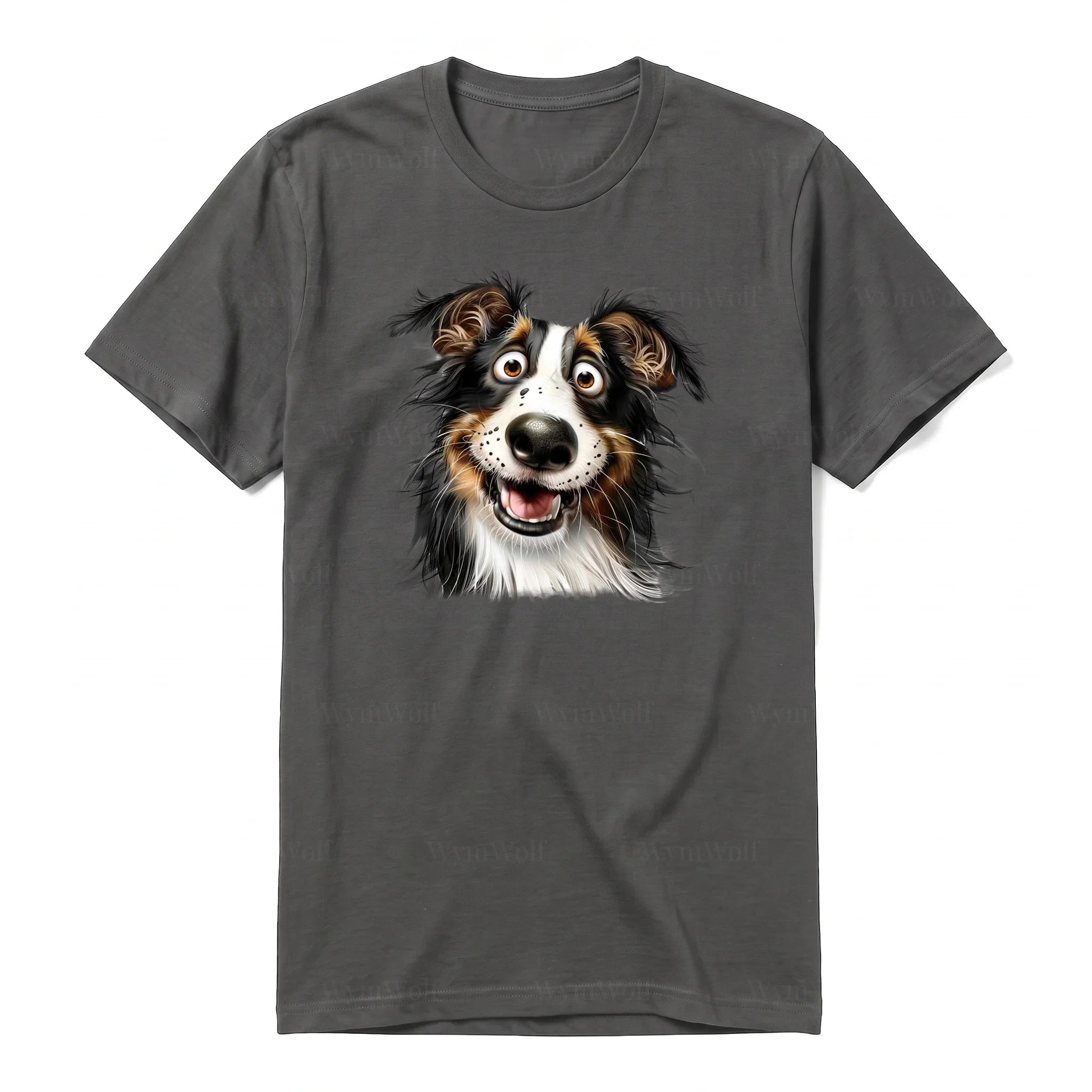 A charcoal short-sleeve crewneck t-shirt for adult featuring a graphic of a dog on the front.