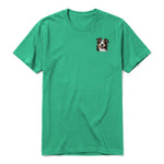 A kelly short-sleeve crewneck t-shirt for adult featuring a graphic of a dog on the left chest.