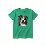 A kelly short-sleeve crewneck t-shirt for youth featuring a graphic of a dog on the front.