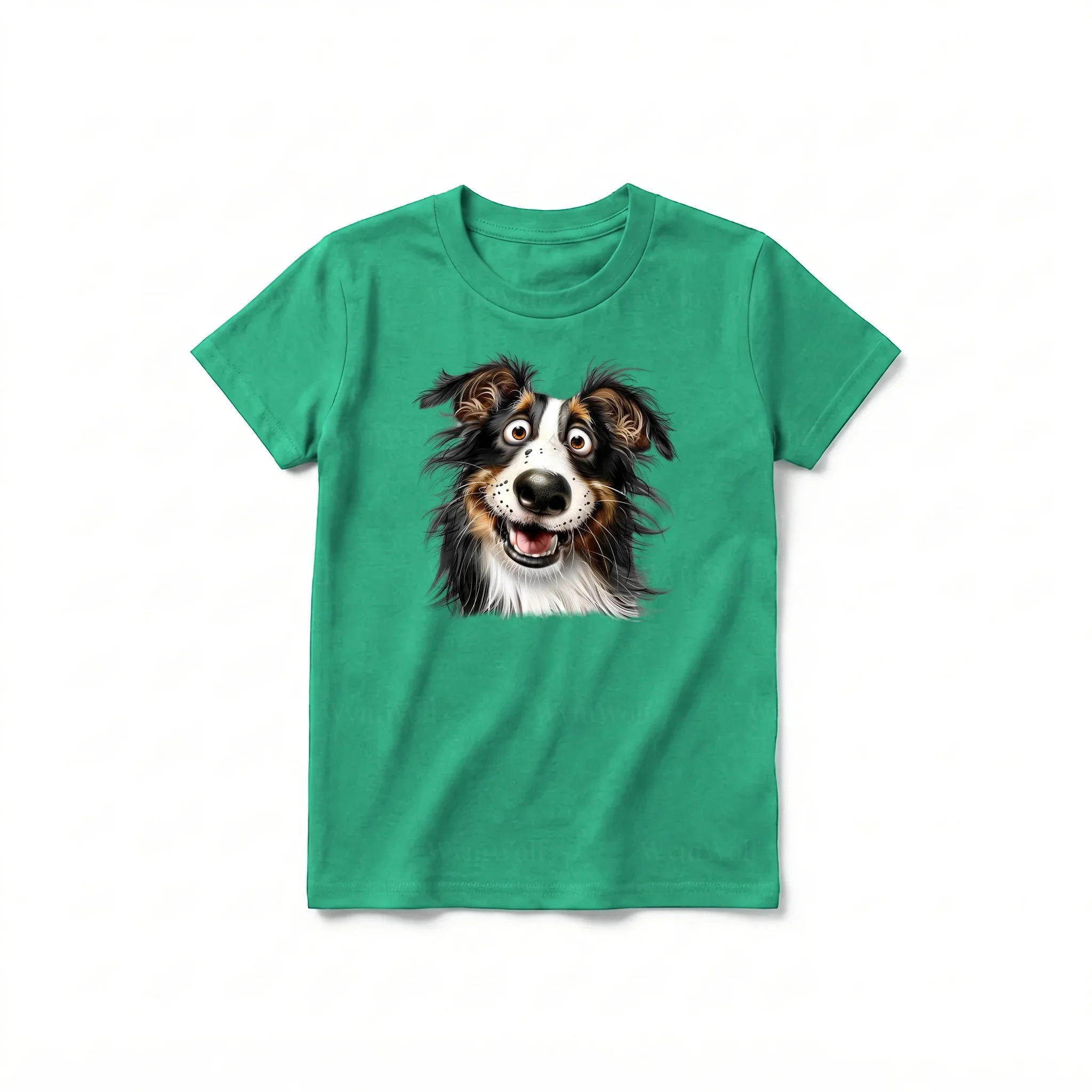 A kelly short-sleeve crewneck t-shirt for youth featuring a graphic of a dog on the front.