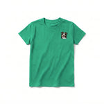 A kelly short-sleeve crewneck t-shirt for youth featuring a graphic of a dog on the left chest.