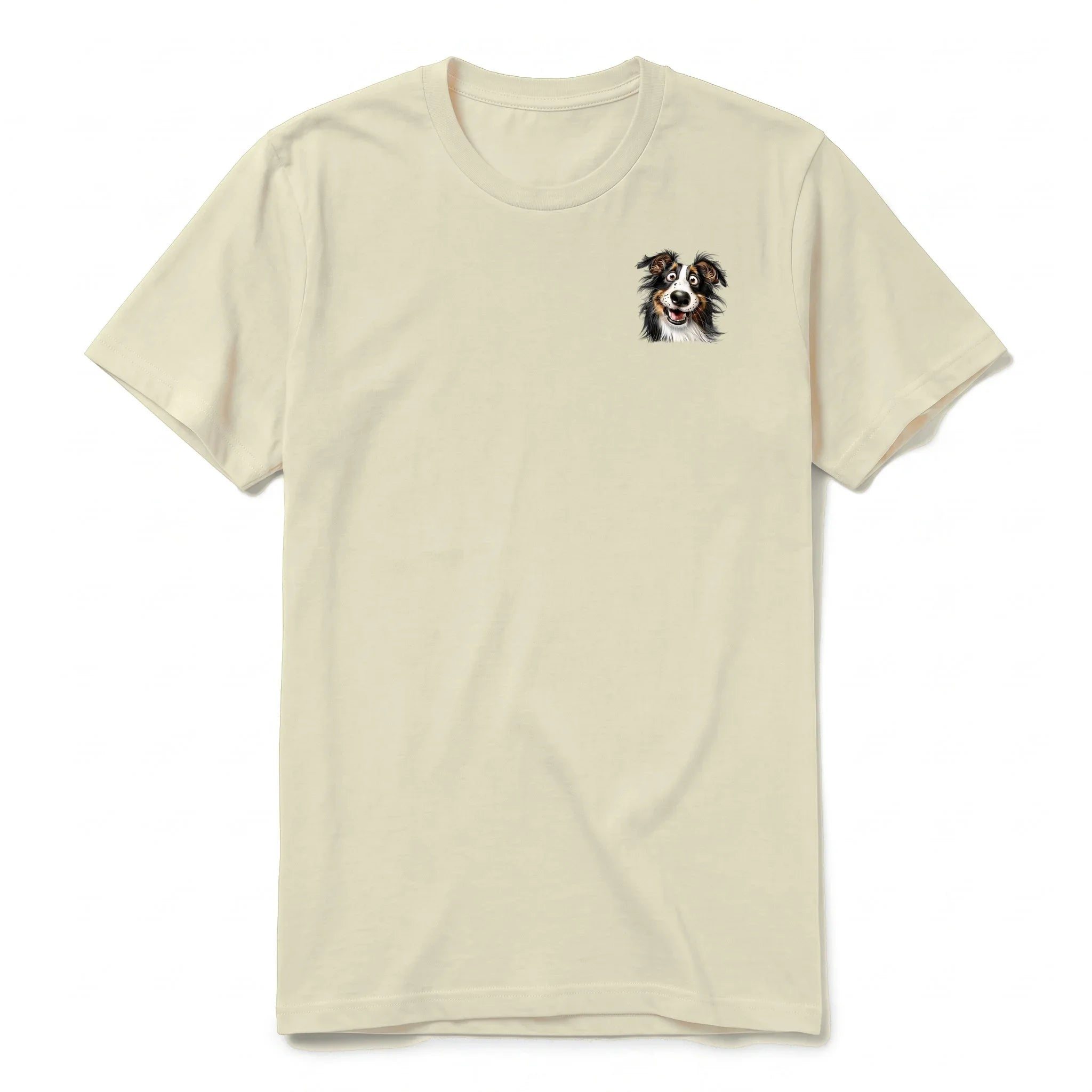 A latte short-sleeve crewneck t-shirt for adult featuring a graphic of a dog on the left chest.