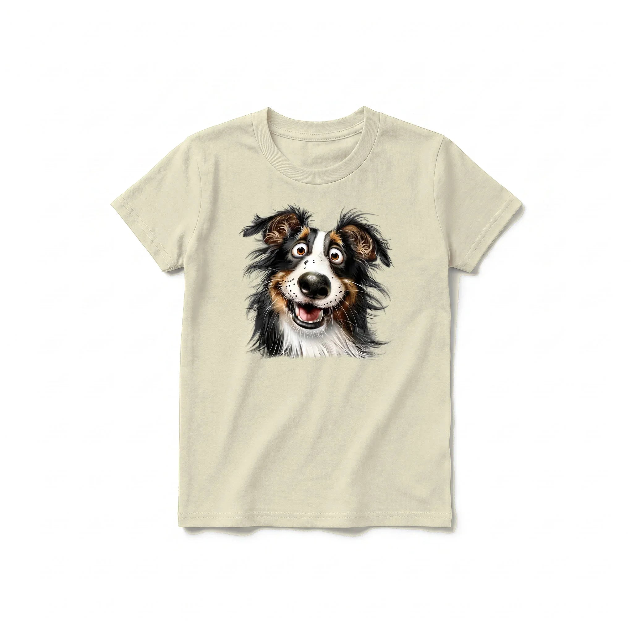A latte short-sleeve crewneck t-shirt for youth featuring a graphic of a dog on the front.