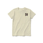A latte short-sleeve crewneck t-shirt for youth featuring a graphic of a dog on the left chest.