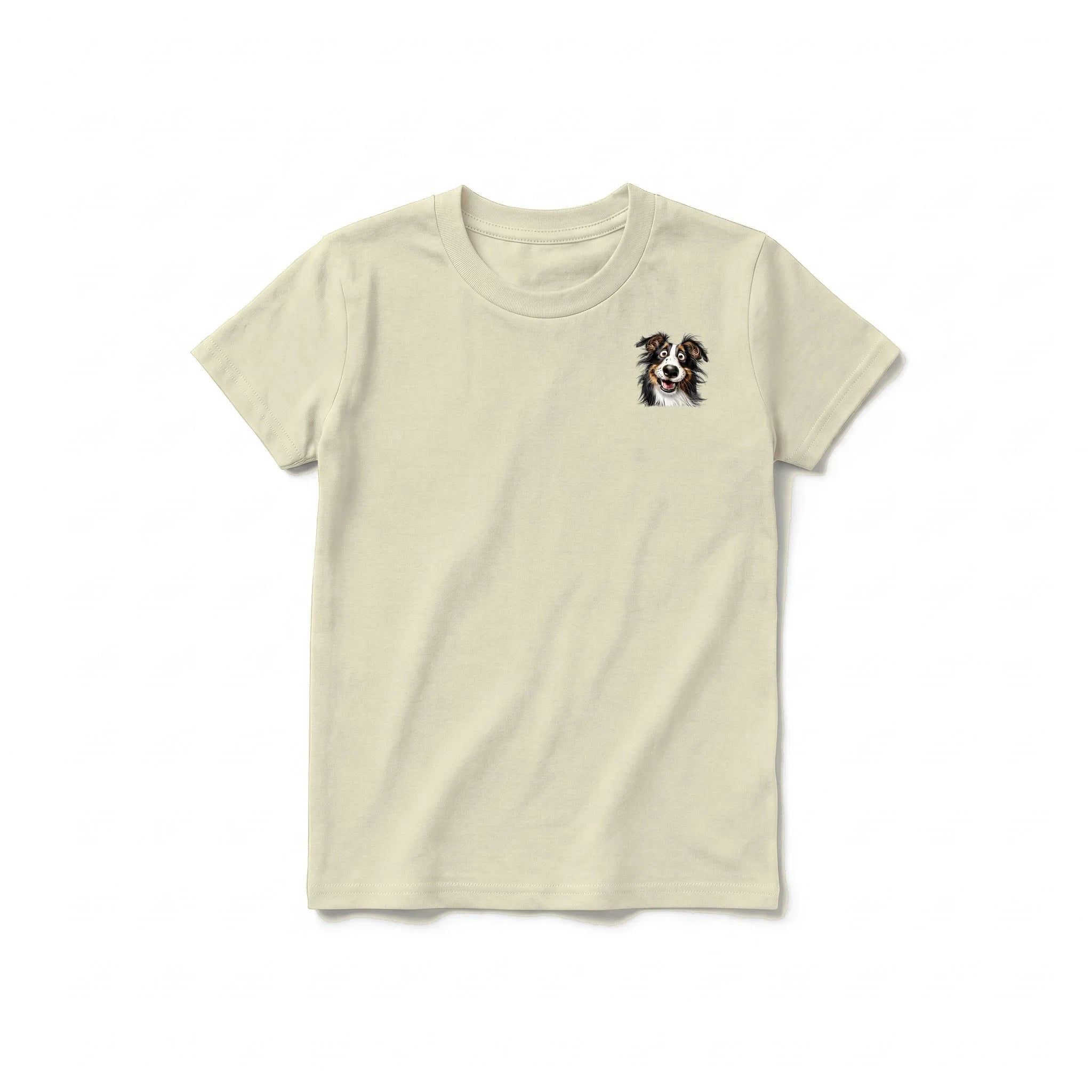 A latte short-sleeve crewneck t-shirt for youth featuring a graphic of a dog on the left chest.