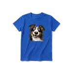 A royal short-sleeve crewneck t-shirt for youth featuring a graphic of a dog on the front.