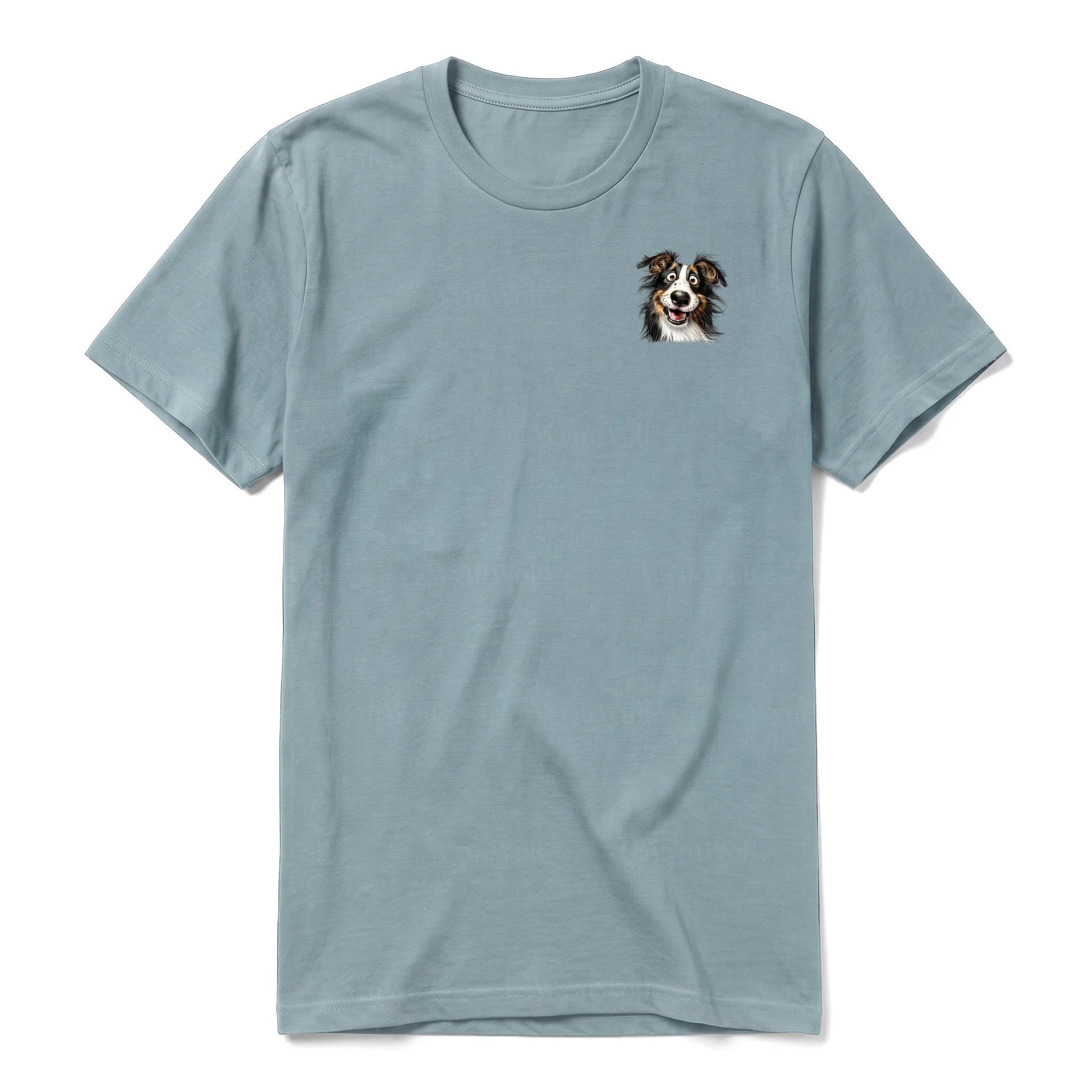 A sage short-sleeve crewneck t-shirt for adult featuring a graphic of a dog on the left chest.
