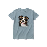 A sage short-sleeve crewneck t-shirt for youth featuring a graphic of a dog on the front.
