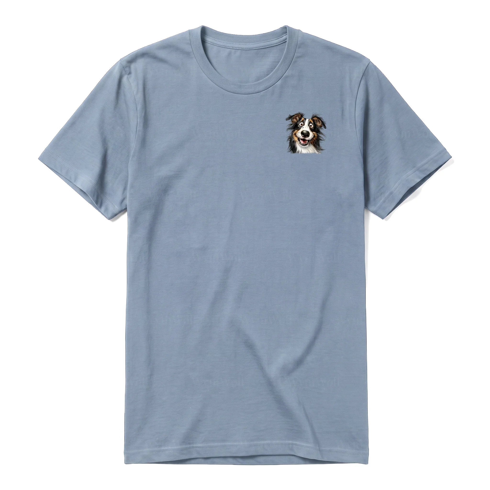 A steel-blue short-sleeve crewneck t-shirt for adult featuring a graphic of a dog on the left chest.