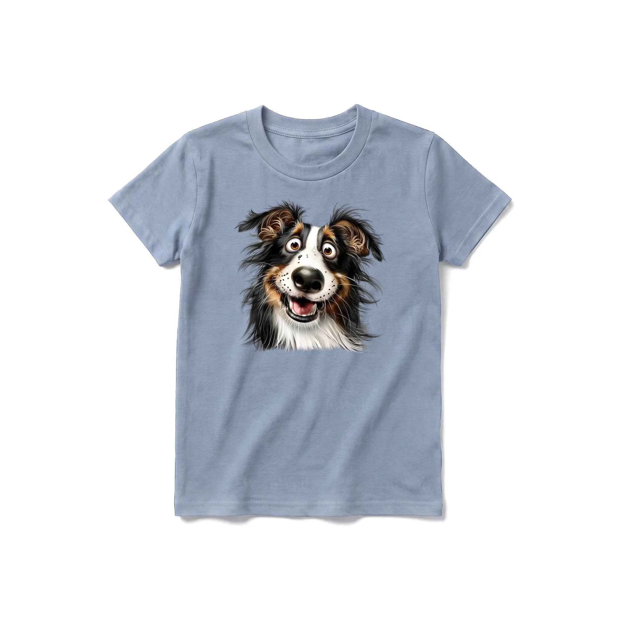A steel-blue short-sleeve crewneck t-shirt for youth featuring a graphic of a dog on the front.