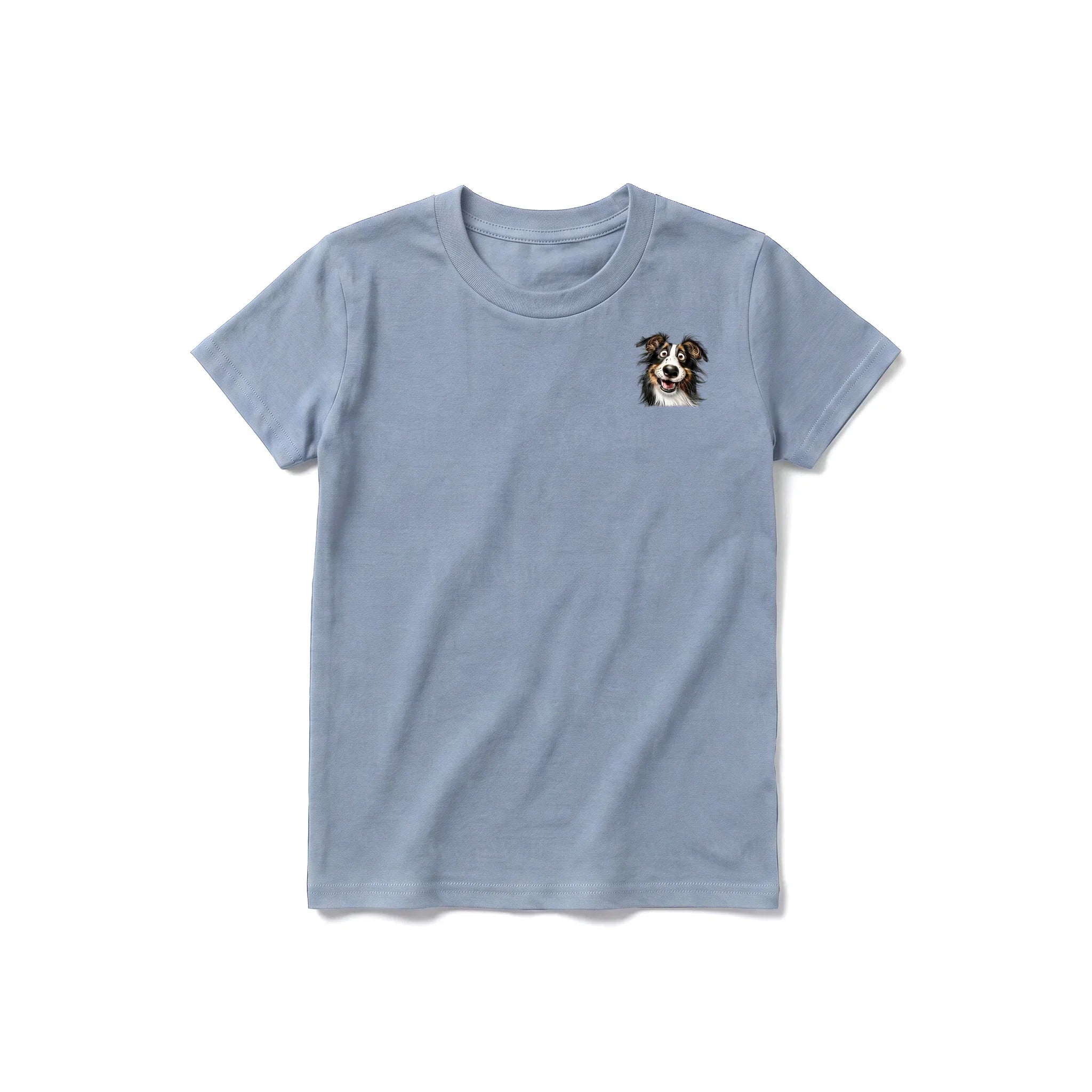 A steel-blue short-sleeve crewneck t-shirt for youth featuring a graphic of a dog on the left chest.