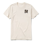 A vintage-white short-sleeve crewneck t-shirt for adult featuring a graphic of a dog on the left chest.