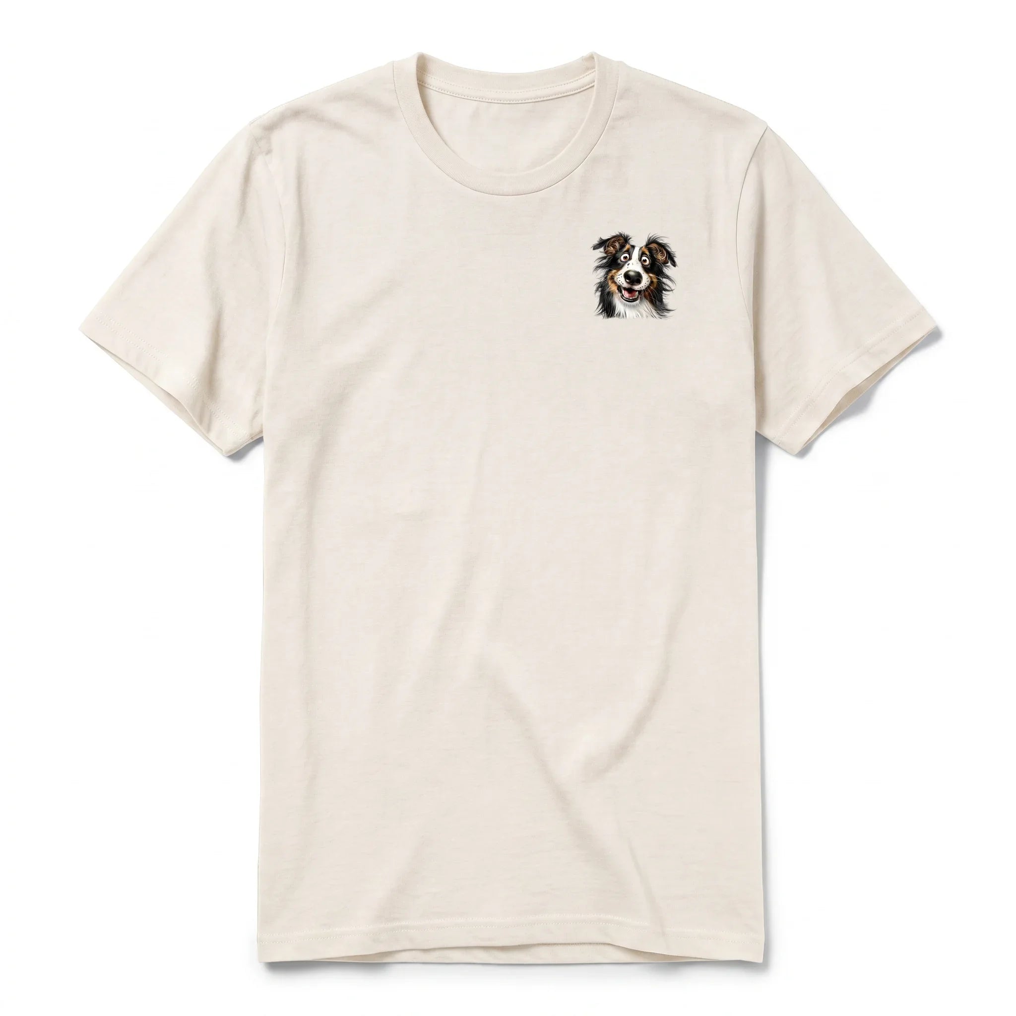 A vintage-white short-sleeve crewneck t-shirt for adult featuring a graphic of a dog on the left chest.