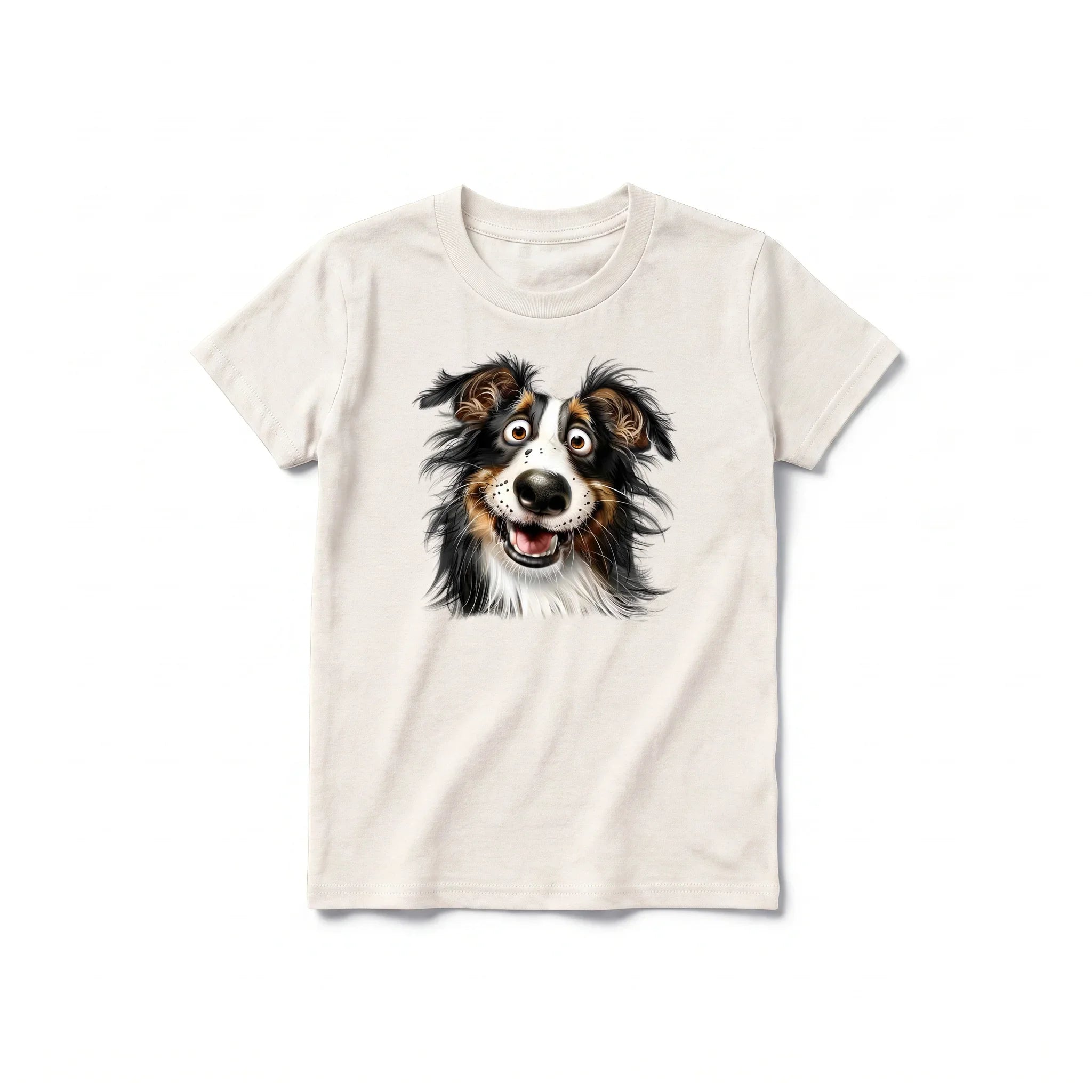 A vintage-white short-sleeve crewneck t-shirt for youth featuring a graphic of a dog on the front.