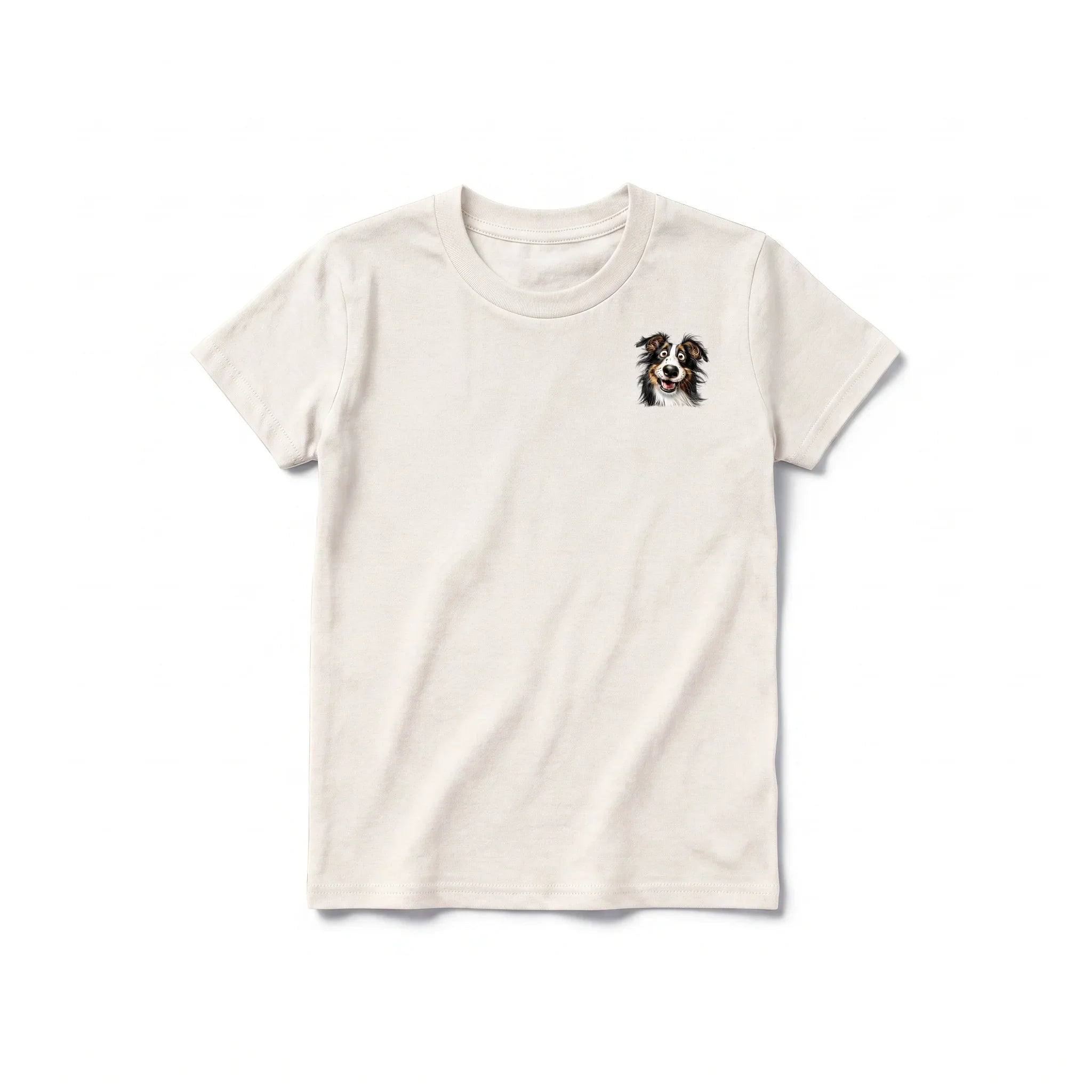 A vintage-white short-sleeve crewneck t-shirt for youth featuring a graphic of a dog on the left chest.