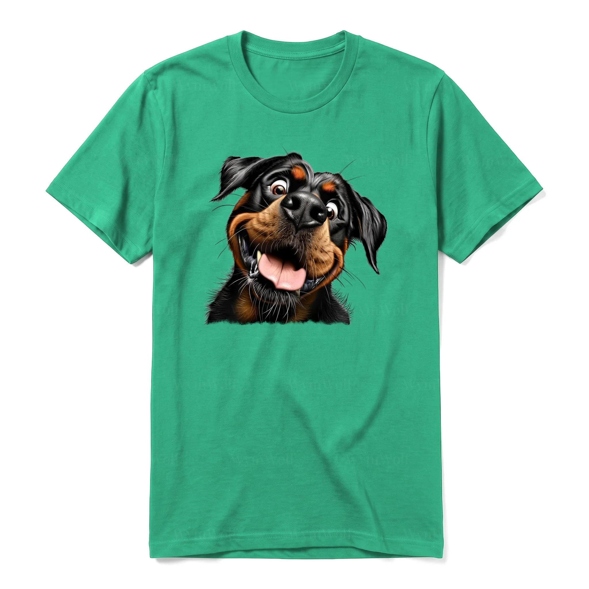 A kelly short-sleeve crewneck t-shirt for adult featuring a graphic of a dog on the front.