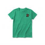 A kelly short-sleeve crewneck t-shirt for youth featuring a graphic of a dog on the left chest.