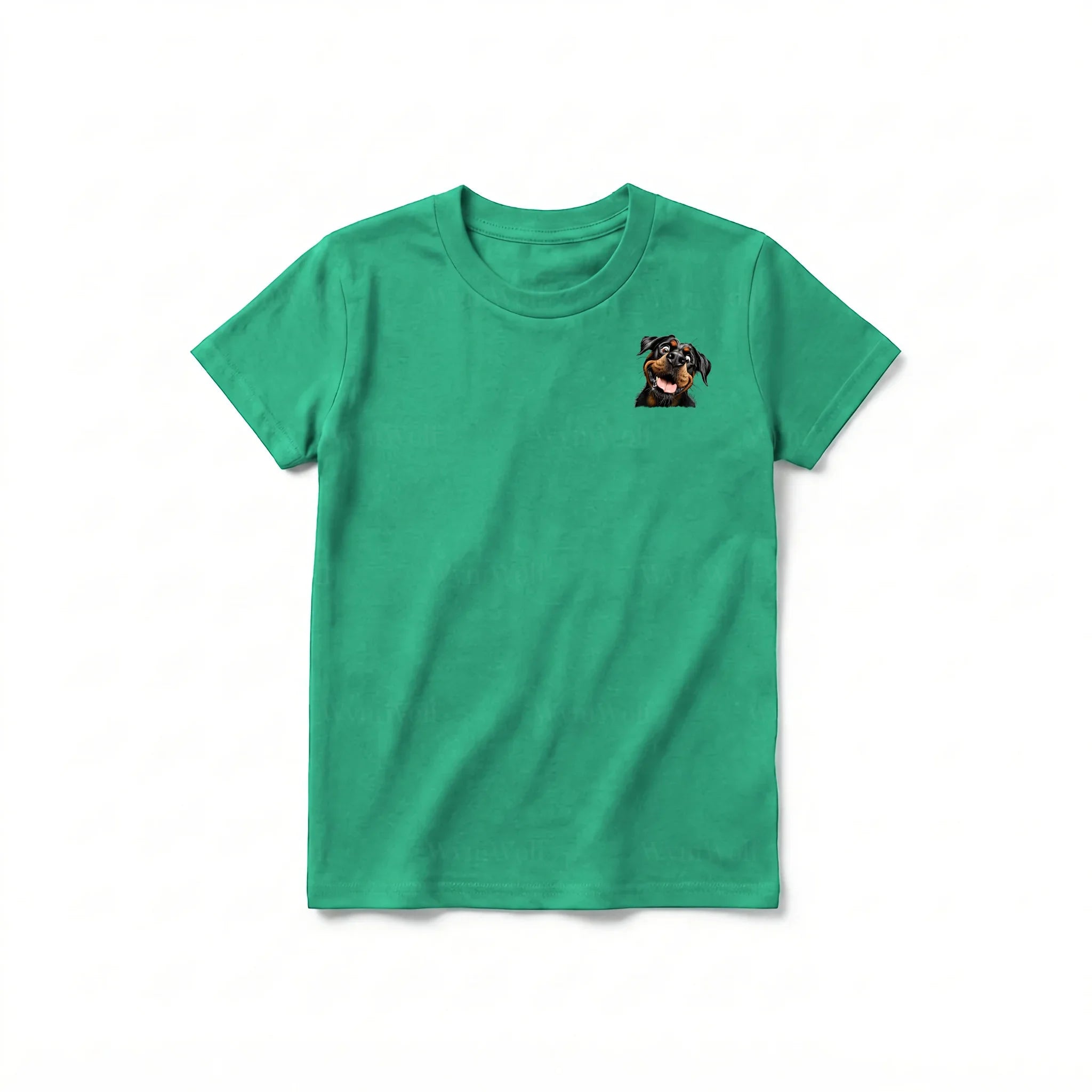 A kelly short-sleeve crewneck t-shirt for youth featuring a graphic of a dog on the left chest.