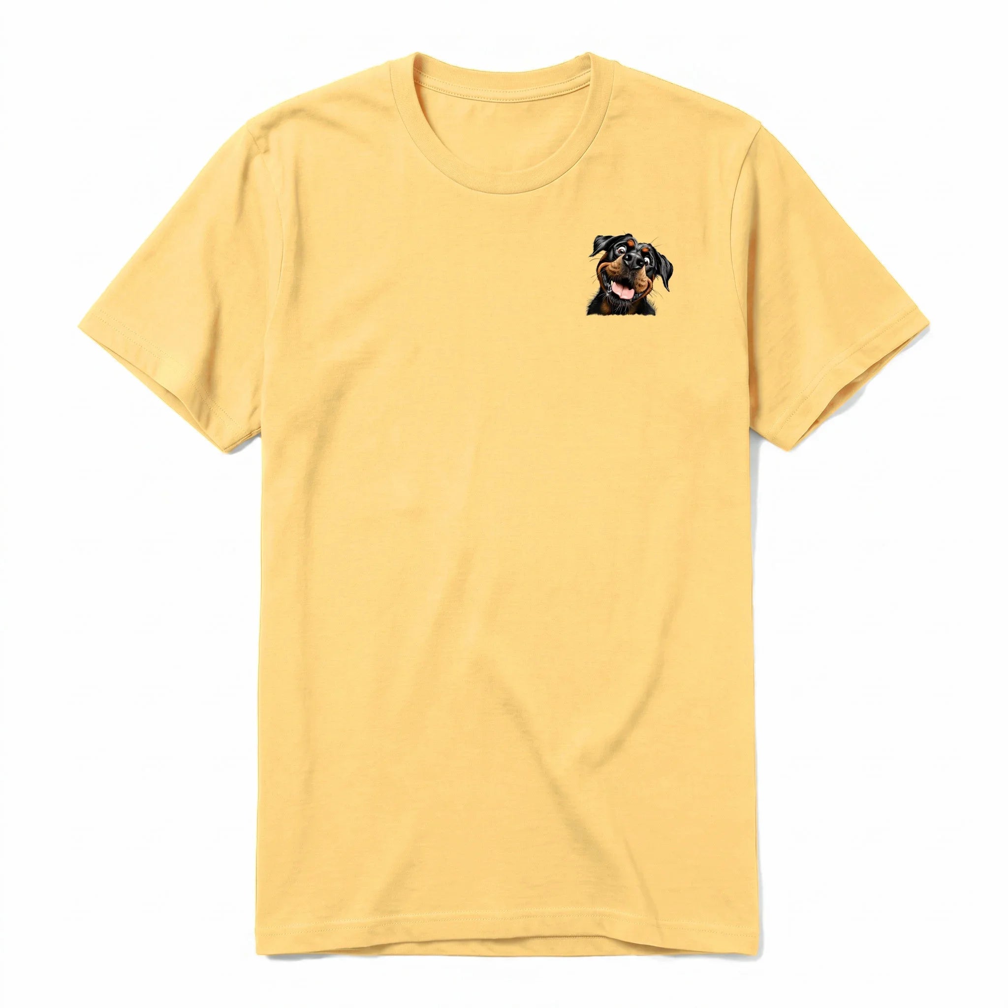 A mustard short-sleeve crewneck t-shirt for adult featuring a graphic of a dog on the left chest.