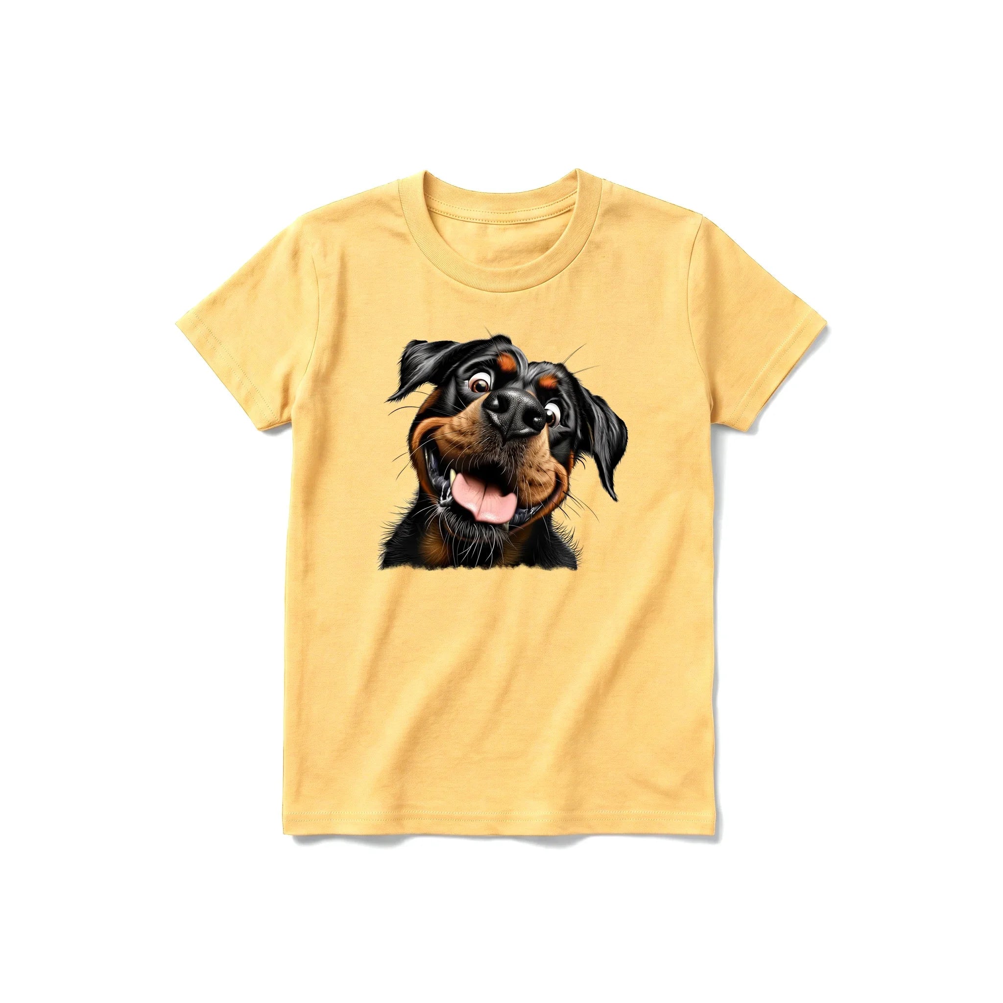 A mustard short-sleeve crewneck t-shirt for youth featuring a graphic of a dog on the front.
