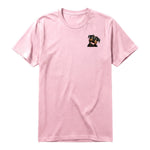A pink short-sleeve crewneck t-shirt for adult featuring a graphic of a dog on the left chest.
