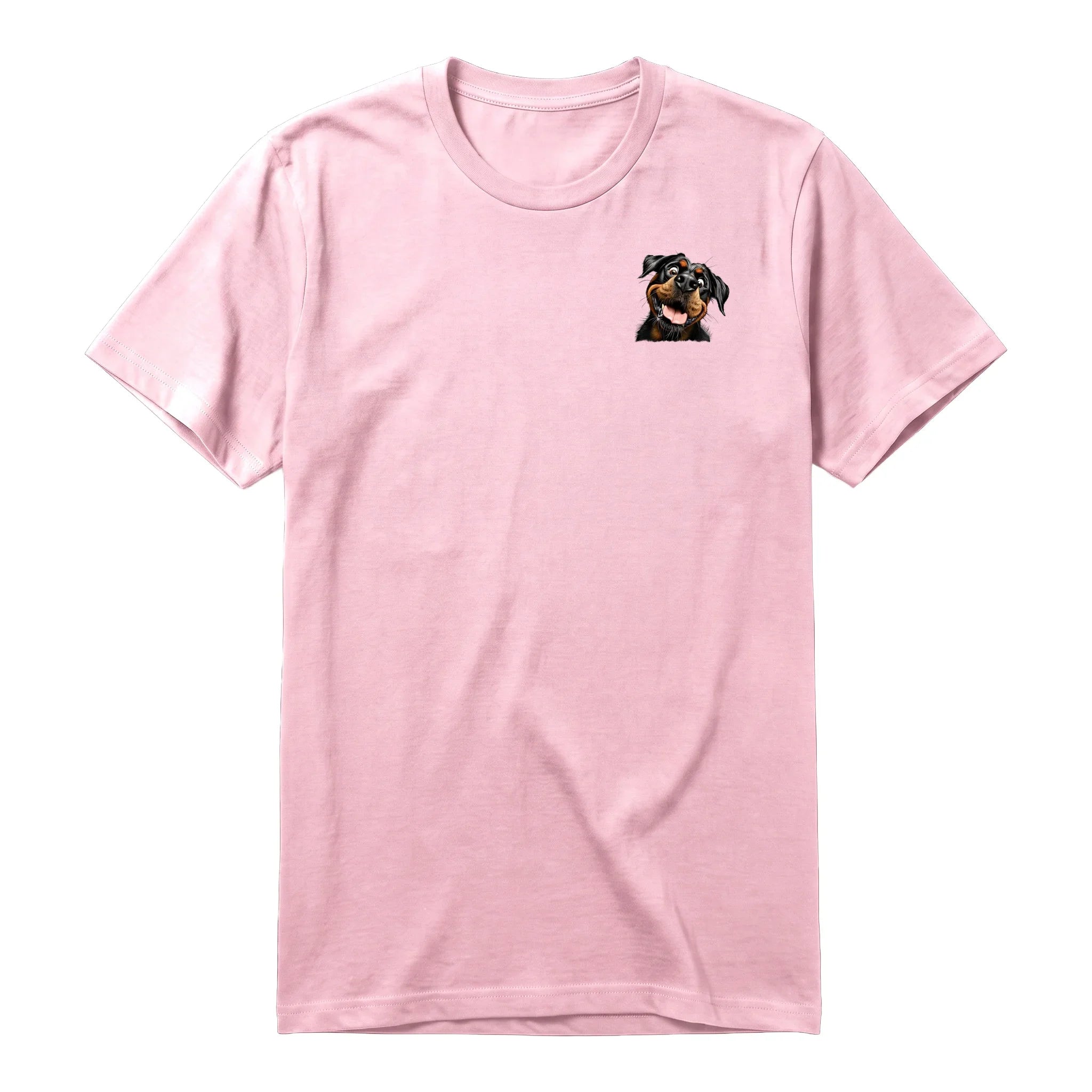 A pink short-sleeve crewneck t-shirt for adult featuring a graphic of a dog on the left chest.