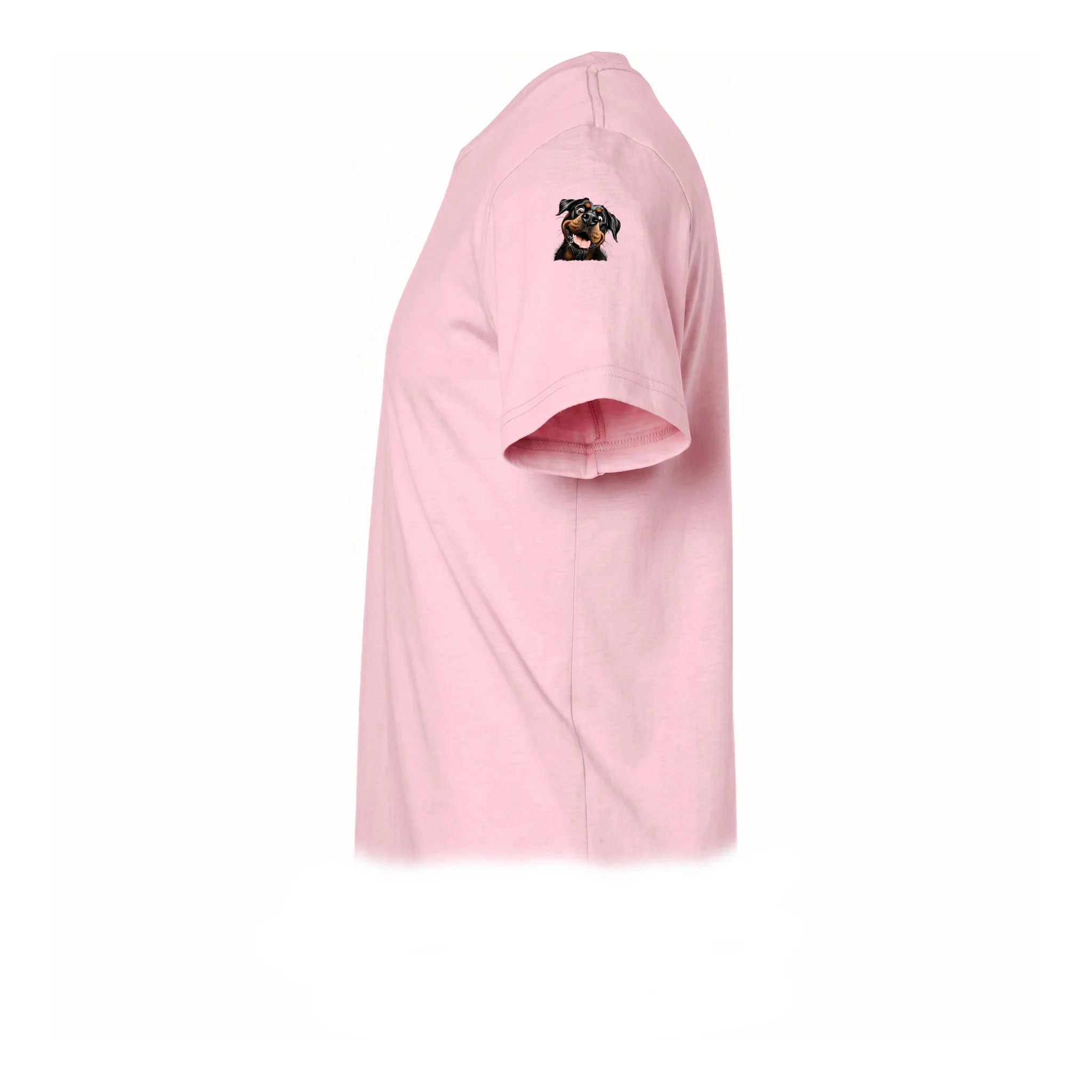 A pink short-sleeve crewneck t-shirt  featuring a small graphic of a dog on the upper left sleeve.