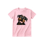 A pink short-sleeve crewneck t-shirt for youth featuring a graphic of a dog on the front.