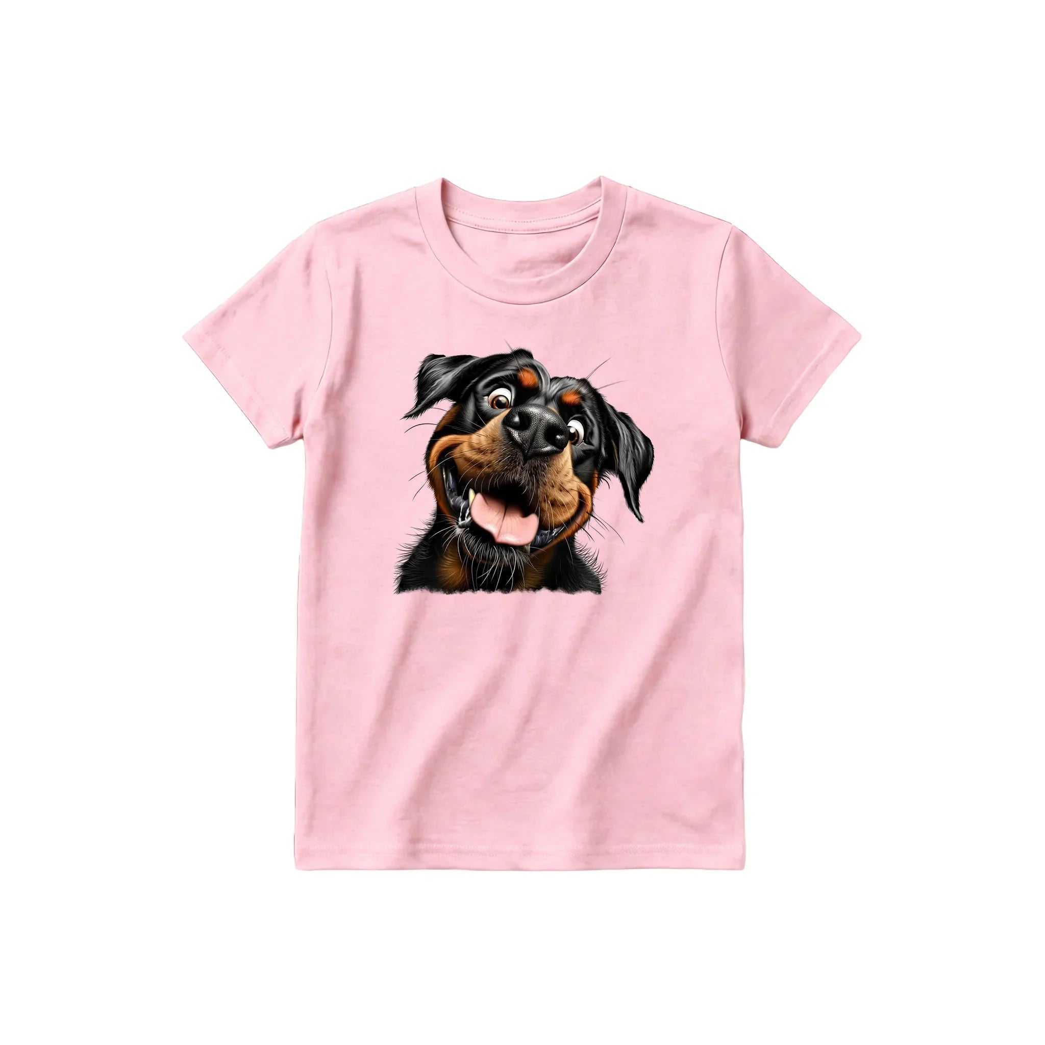 A pink short-sleeve crewneck t-shirt for youth featuring a graphic of a dog on the front.