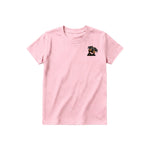 A pink short-sleeve crewneck t-shirt for youth featuring a graphic of a dog on the left chest.